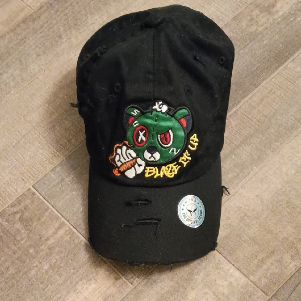 Black Distressed Muka Cap with Embroidered Green Bear Patch Blaze It Up